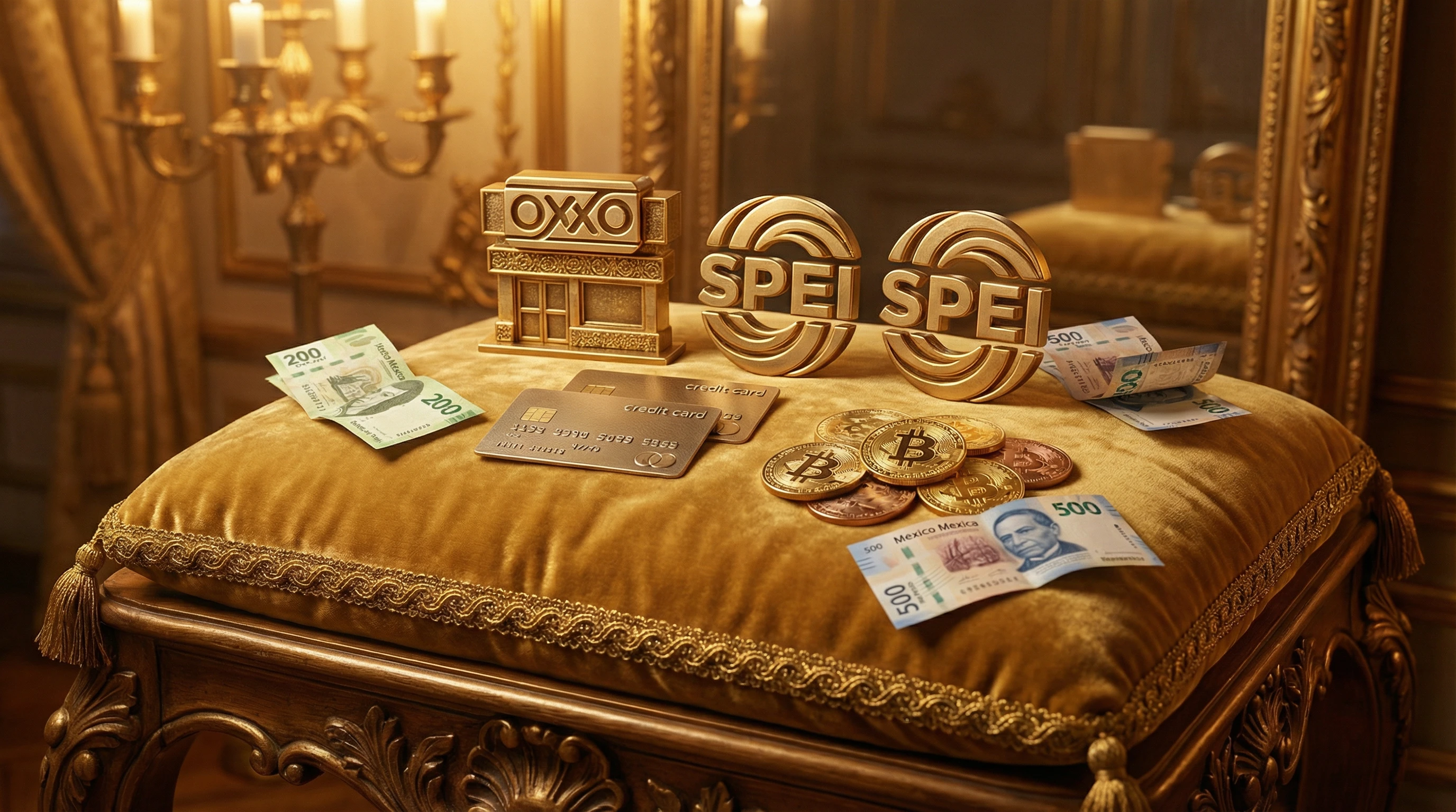 Métodos de pago mexicanos OXXO SPEI tarjetas y criptomonedas en exhibición dorada