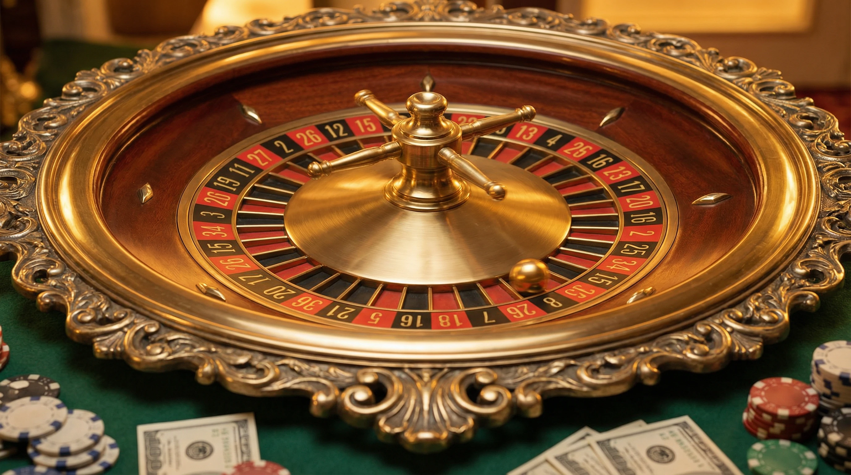 Ruleta dorada de casino con bola girando sobre números rojos y negros
